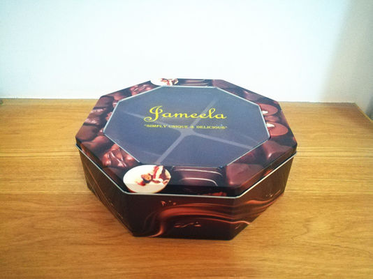 Kotak Tin Cookie Dekoratif Bentuk Hexagonal Dengan Jendela PET Custom Printed