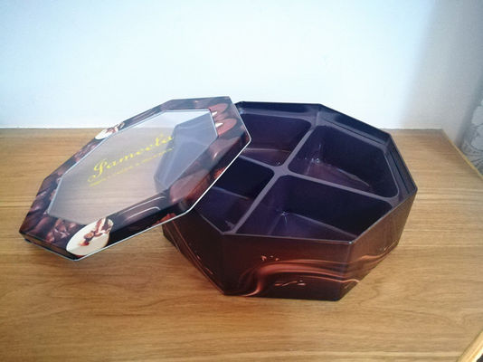 Kotak Tin Cookie Dekoratif Bentuk Hexagonal Dengan Jendela PET Custom Printed