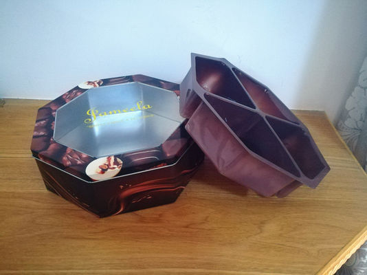 Kotak Tin Cookie Dekoratif Bentuk Hexagonal Dengan Jendela PET Custom Printed