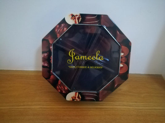 Kotak Tin Cookie Dekoratif Bentuk Hexagonal Dengan Jendela PET Custom Printed
