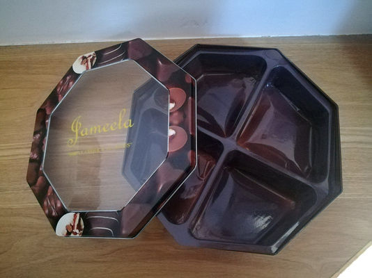 Kotak Tin Cookie Dekoratif Bentuk Hexagonal Dengan Jendela PET Custom Printed