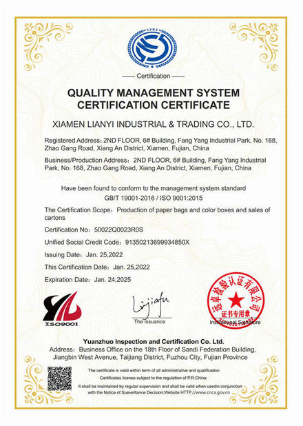 Cina Lianyi International industrial and trading co.,Ltd Sertifikasi